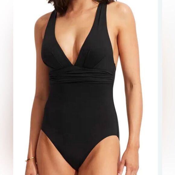 Land 's End Plunge X back convertible straps power mesh lined high leg 1 piece L - Picture 1 of 4